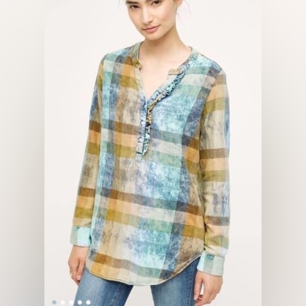 Anthropologie Isabelle Sinclair women’s plaid ruffle small shirt EUC